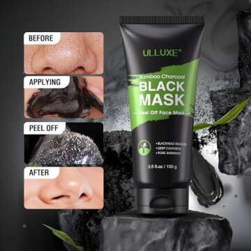 ulluxe Blackhead Remover Mask, Black Charcoal Peel Off Face Mask, Deep Cleansing Mask for Face Nose Black Head Acne Pores, Purifying Facial Mask with Pimple Extractor and Face Mask Brush (3.5 fl.oz)