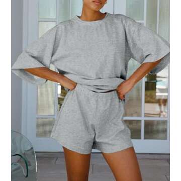 Tankaneo Womens Pajama Sets 3/4 Sleeve Oversized Tops and Elastic Waist Shorts Lounge Sets Loungewear