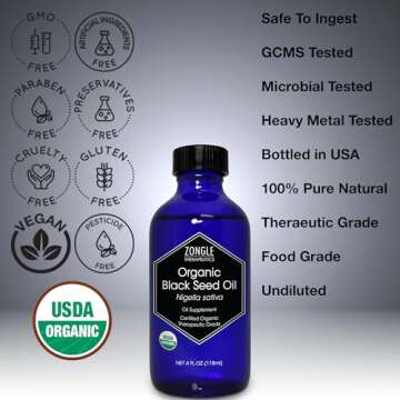 Organic, Black Seed Oil, Cold Pressed, for Hair, Face, Immune Support– 100% Pure, Black Seed Oil, by Zongle Therapeutics, 4 OZ
