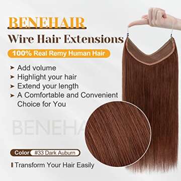 Benehair Thick Ends Invisible Wire Hair Extensions - 100% Human Hair 16 Inch Dark Auburn