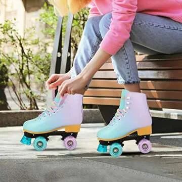 LIKU Quad Roller Skates for Girl and Women with All Wheel Light Up,Indoor/Outdoor Lace-Up Fun Illumi...