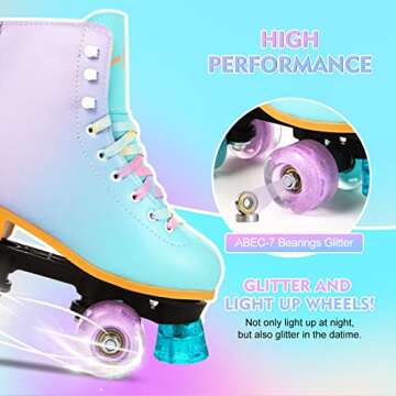 LIKU Quad Roller Skates for Girl and Women with All Wheel Light Up,Indoor/Outdoor Lace-Up Fun Illuminating Roller Skate for Kid (Purple, 3-4)