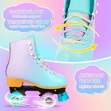 LIKU Quad Roller Skates for Girl and Women with All Wheel Light Up,Indoor/Outdoor Lace-Up Fun Illuminating Roller Skate for Kid (Purple, 3-4)