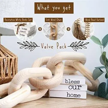 Modern 5th Boho Home Decor Set – 58" Bead Garland – 5 Link Wood Chain – Set of 3 Faux Books – Home Sweet Home – Bless Our Home – for Living Room – Bookshelf