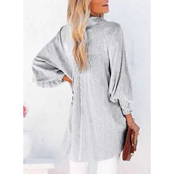 Women's Smocked Cuffed Striped Boyfriend Shirt with Pocket Casual Collar Long Sleeve Blouse Tops for...