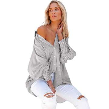 Women's Smocked Cuffed Striped Boyfriend Shirt with Pocket Casual Collar Long Sleeve Blouse Tops for Pocket Shirred Black