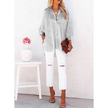 Women's Smocked Cuffed Striped Boyfriend Shirt with Pocket Casual Collar Long Sleeve Blouse Tops for Pocket Shirred Black