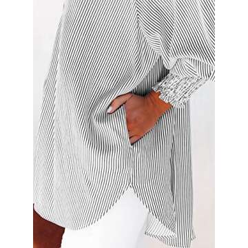 Women's Smocked Cuffed Striped Boyfriend Shirt with Pocket Casual Collar Long Sleeve Blouse Tops for Pocket Shirred Black