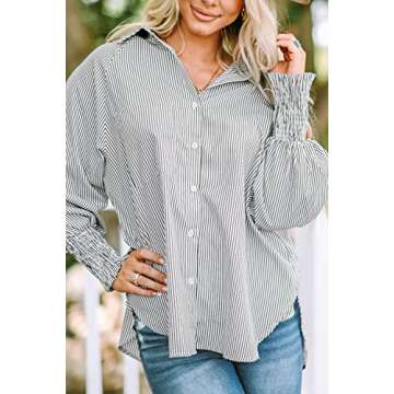 Women's Smocked Cuffed Striped Boyfriend Shirt with Pocket Casual Collar Long Sleeve Blouse Tops for Pocket Shirred Black