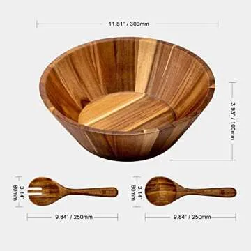 JF JAMES.F Wooden Salad Bowl, 12'' Acacia Wood Large Salad Bowl Set Big Salad Serving Bowl with Serv...