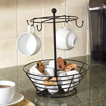 Nifty Coffee Pod & Mug Carousel – Holds 4 Cups, Capsule Storage, Spins 360-Degrees, Lazy Susan Platform, Modern Black Steel, Home or Office Kitchen Counter Organizer