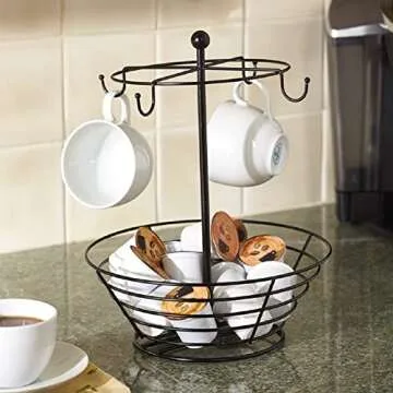 Nifty Coffee Pod & Mug Carousel – Holds 4 Cups, Capsule Storage, Spins 360-Degrees, Lazy Susan Platform, Modern Black Steel, Home or Office Kitchen Counter Organizer