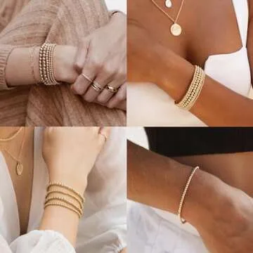 CONRAN KREMIX Gold Beaded Bracelet For Women Set 14K Gold Bead Stretch Bracelet Stack Trendy Gold Jewelry For Women 5PCS