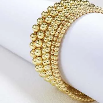 CONRAN KREMIX Gold Beaded Bracelet For Women Set 14K Gold Bead Stretch Bracelet Stack Trendy Gold Jewelry For Women 5PCS
