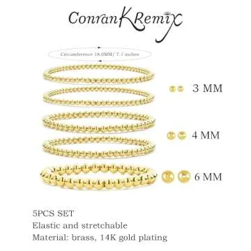 CONRAN KREMIX Gold Beaded Bracelet For Women Set 14K Gold Bead Stretch Bracelet Stack Trendy Gold Jewelry For Women 5PCS