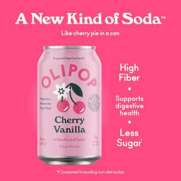 OLIPOP Prebiotic Soda Pop, Cherry Vanilla, A New Kind of Soda Packed with Prebiotics, Fiber, and Botanicals, Gluten Free, Vegan, GMO Free, 12oz (12-Cans)