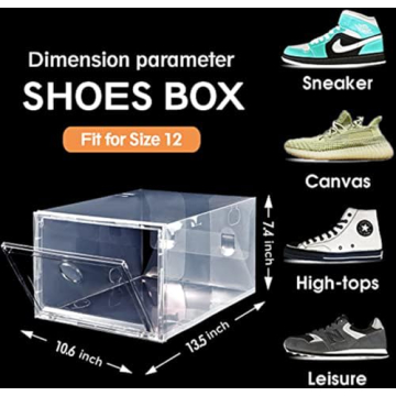 MMBABY 12 Pack Shoe Storage Box Clear Plastic Stackable Drop Front Shoe Organizer Space Saving Foldable Shoe Container Bin Fit up to US Size 12 (transparent)