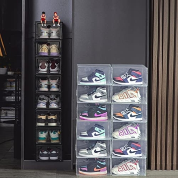 MMBABY 12 Pack Shoe Storage Box Clear Plastic Stackable Drop Front Shoe Organizer Space Saving Foldable Shoe Container Bin Fit up to US Size 12 (transparent)