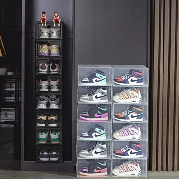 MMBABY 12 Pack Shoe Storage Box Clear Plastic Stackable Drop Front Shoe Organizer Space Saving Foldable Shoe Container Bin Fit up to US Size 12 (transparent)