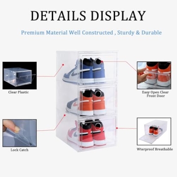 MMBABY 12 Pack Shoe Storage Box Clear Plastic Stackable Drop Front Shoe Organizer Space Saving Foldable Shoe Container Bin Fit up to US Size 12 (transparent)