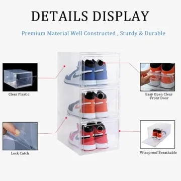 MMBABY 12 Pack Shoe Storage Box Clear Plastic Stackable Drop Front Shoe Organizer Space Saving Foldable Shoe Container Bin Fit up to US Size 12 (transparent)