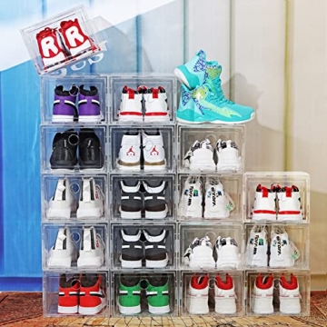 MMBABY 12 Pack Shoe Storage Box Clear Plastic Stackable Drop Front Shoe Organizer Space Saving Foldable Shoe Container Bin Fit up to US Size 12 (transparent)