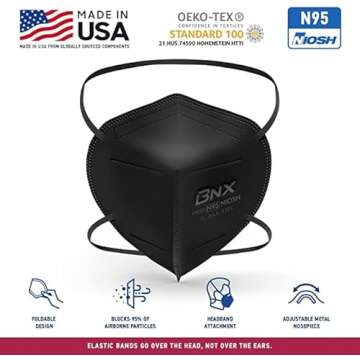 AccuMed BNX N95 Mask Black MADE IN USA Particulate Respirator Protective Face Mask (10-Pack, Approval Number TC-84A-9315 / Model H95B)
