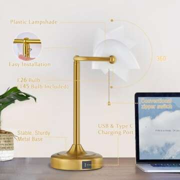 Vintage Desk Lamp Bankers Lamp - Retro Table Lamp with USB & Type C Charging Ports Traditional Pull ...