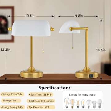 Vintage Desk Lamp Bankers Lamp - Retro Table Lamp with USB & Type C Charging Ports Traditional Pull Chain Switch Library Lamp for Home Office Nightstand Bedroom Side Table Lamp(T45 Bulb Included)