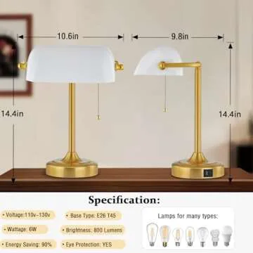 Vintage Desk Lamp Bankers Lamp - Retro Table Lamp with USB & Type C Charging Ports Traditional Pull Chain Switch Library Lamp for Home Office Nightstand Bedroom Side Table Lamp(T45 Bulb Included)