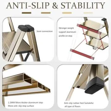 3 Step Lightweight Folding Ladder for Home, 330lbs Aluminum Step Ladder Anti-Slip for Kitchen, Step Stool Foldable Adults for Closet, 330lbs - Champagne Gold