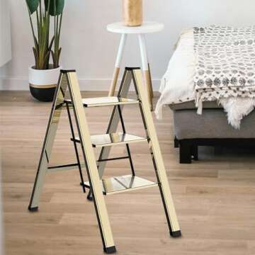 3 Step Lightweight Folding Ladder for Home, 330lbs Aluminum Step Ladder Anti-Slip for Kitchen, Step Stool Foldable Adults for Closet, 330lbs - Champagne Gold