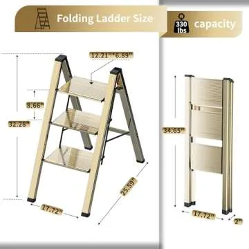 3 Step Lightweight Folding Ladder for Home, 330lbs Aluminum Step Ladder Anti-Slip for Kitchen, Step Stool Foldable Adults for Closet, 330lbs - Champagne Gold
