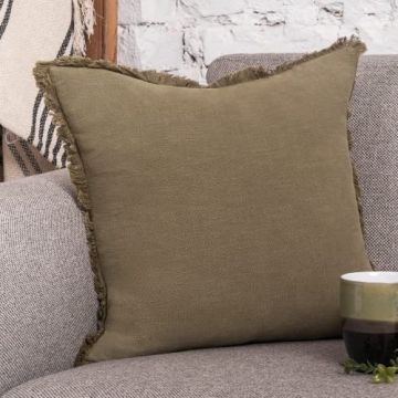 INSPIRED IVORY Decorative Linen Pillow Cover 20x20 Inch - Khaki Green Throw Pillow Cover with Fringe...