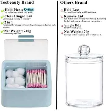 Tecbeauty Large Qtips Holder - 2 Grids Cotton Swabs Dispenser Bathroom Organizer Cotton Balls, Cotton Pads Storage Canisters, Hinged Lids, Blue