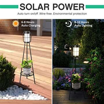 2 Pack Solar Lights Outdoor with Plant Stands - Solar Floor Lamp & Street Lights with Metal Tripod - Patio Decor for Garden, Yard, Pathway, Driveway, Porch