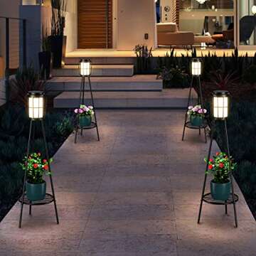 2 Pack Solar Lights Outdoor with Plant Stands - Solar Floor Lamp & Street Lights with Metal Tripod - Patio Decor for Garden, Yard, Pathway, Driveway, Porch