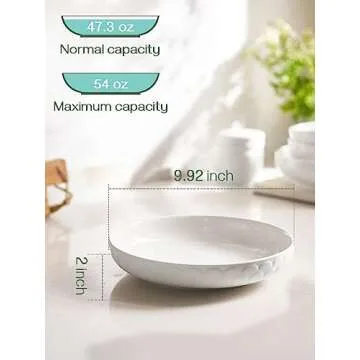 DOWAN Pasta Bowls, 54 oz Large Salad Serving Bowls, 10'' Plates Bowls Set of 4, White Ceramic Soup B...