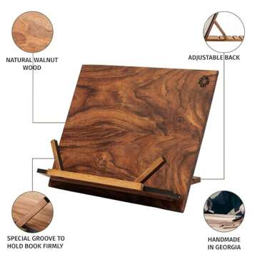 TILISMA Wooden Cook Book Stand - Handmade Walnut Book Holder for Reading Hands Free - Cookbook Holder for Counter Top - Fancy Tablet Holder - Recipe Holder - Book Accessories for Kitchen