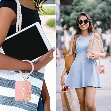 COOLANS Wristlet Bracelet Keychain Card Holder Card Pocket PU Leather Purse Tassel Keychain Bangle Key Ring for Women Girls (Purse 04 Pink)