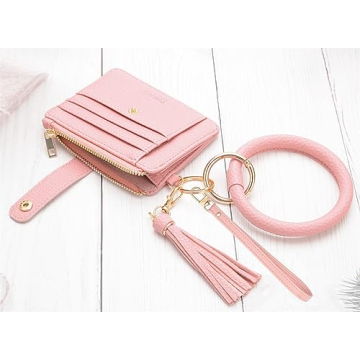 COOLANS Wristlet Bracelet Keychain Card Holder Card Pocket PU Leather Purse Tassel Keychain Bangle Key Ring for Women Girls (Purse 04 Pink)
