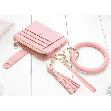 COOLANS Wristlet Bracelet Keychain Card Holder Card Pocket PU Leather Purse Tassel Keychain Bangle Key Ring for Women Girls (Purse 04 Pink)