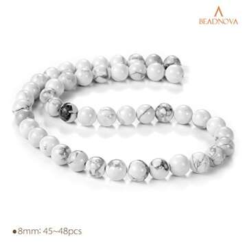 BEADNOVA Natural White Howlite Beads Natural Crystal Beads Stone Gemstone Round Loose Energy Healing Beads with Free Crystal Stretch Cord for Jewelry Making (8mm, 45-48pcs)