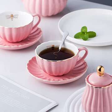 Jusalpha Fine China Pink Coffee Cup/Teacup Set, 8 OZ Cups& Saucer Service for 4, with Teapot-Sugar B...