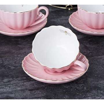 Jusalpha Fine China Pink Coffee Cup/Teacup Set, 8 OZ Cups& Saucer Service for 4, with Teapot-Sugar Bowl-Cream Pitcher Teaspoons and tea strainer for Tea/Coffee, 17-Pieces (TW Full set)