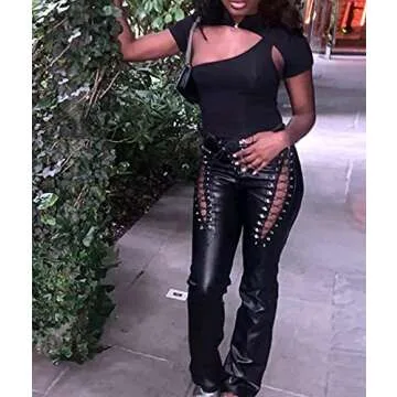 xxxiticat Women's Lace Up PU Leather Pants Chic High Waist Hollow Out Drawstring Bandage Cut Out Faux Leather Trousers(BL,XL) Black