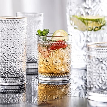Bekith Vintage Drinking Glasses 6 Pack Elegant 9.5 oz Tumblers