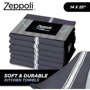 Zeppoli Classic Kitchen Towels - 15 Pack - 14" x 25" - 100% Natural Cotton Kitchen Dish Towels - Reusable Cleaning Cloths - Tea Towels - Super Absorbent - Machine Washable Hand Towels - Black Base