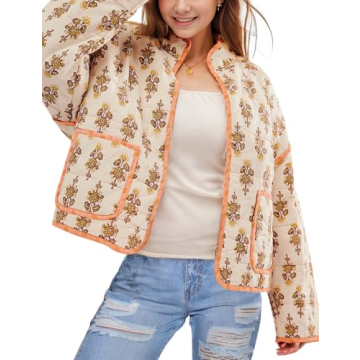 Arssm Women Floral Quilted Puffer Jacket Cropped Lightweight Patchwork Vintage Padded Short Coat Out...