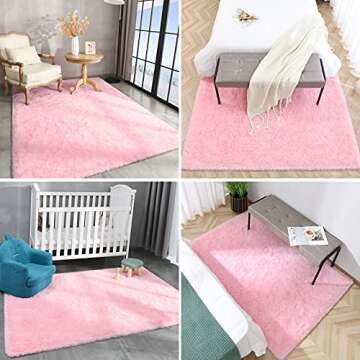 Espiraio Pink Shaggy Rugs for Bedroom Living Room, 4x5.9 Feet Super Soft Fluffy Fuzzy Area Rug for Kids Baby Nursery, Modern Indoor Plush Carpet for Home Decor, Floor Furry Rugs for Children Dorm Rug